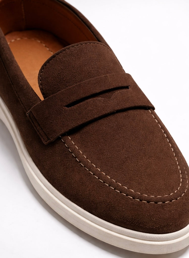 Men’s Brown Suede Penny Loafers – Slip-On Smart Casual Shoes with White Sole