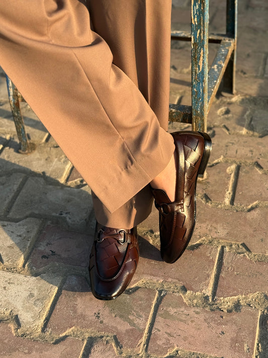 Dark Brown Woven Horsebit Loafers