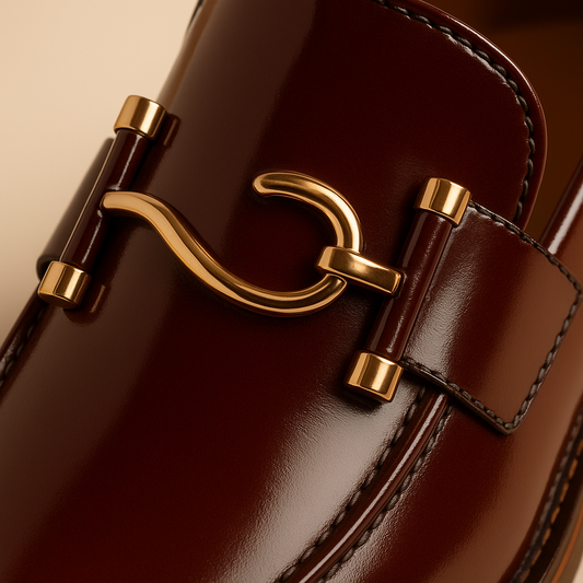 Men’s Brown Patent Leather Loafers with Gold Buckle – Premium Slip-On Formal Shoes for Office & Events