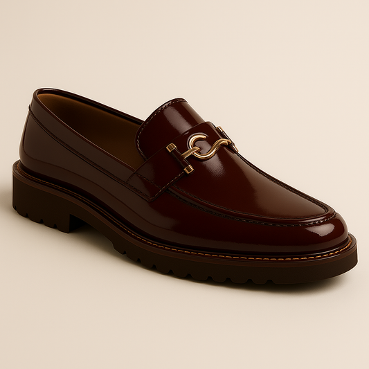 Men’s Brown Patent Leather Loafers with Gold Buckle – Premium Slip-On Formal Shoes for Office & Events