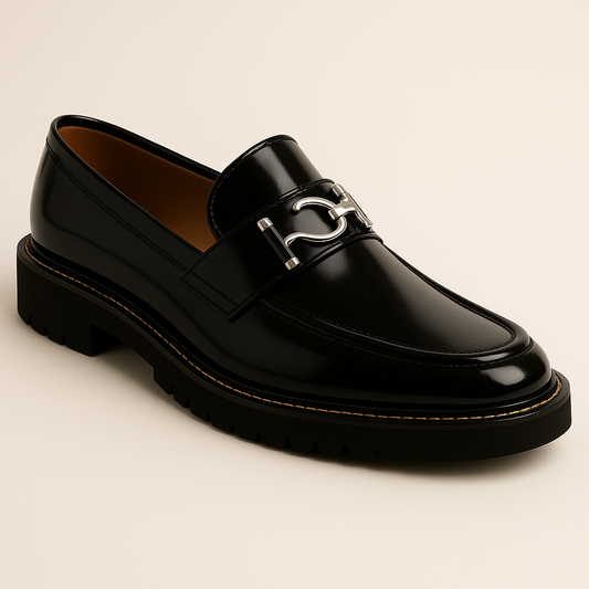 Men’s Black Patent Leather Loafers with Silver Buckle – Luxury Slip-On Dress Shoes for Formal & Casual Wear