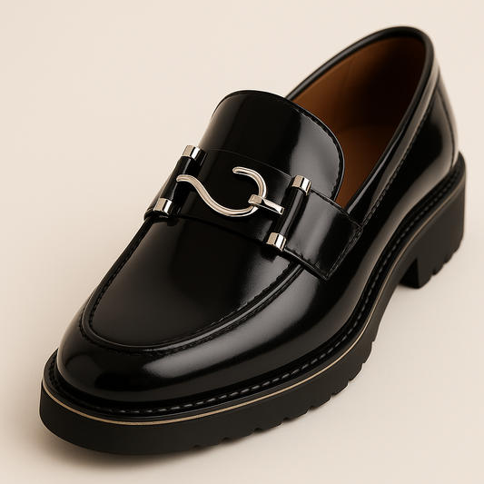 Men’s Black Patent Leather Loafers with Silver Buckle – Luxury Slip-On Dress Shoes for Formal & Casual Wear