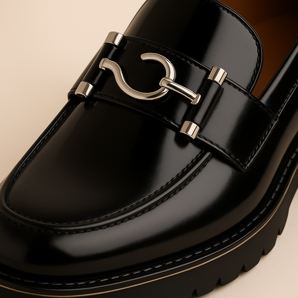Men’s Black Patent Leather Loafers with Silver Buckle – Luxury Slip-On Dress Shoes for Formal & Casual Wear