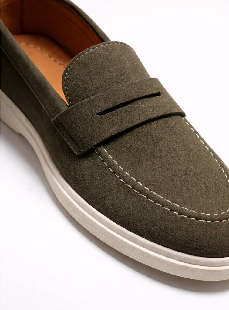 Men’s Olive Green Suede Penny Loafers – Slip-On Smart Casual Shoes with White Sole