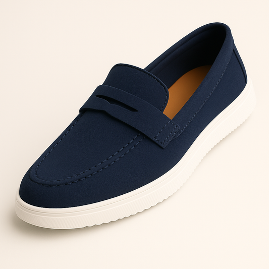 Men's Navy Suede Penny Loafers with White Sole – Casual & Formal Comfort Shoes