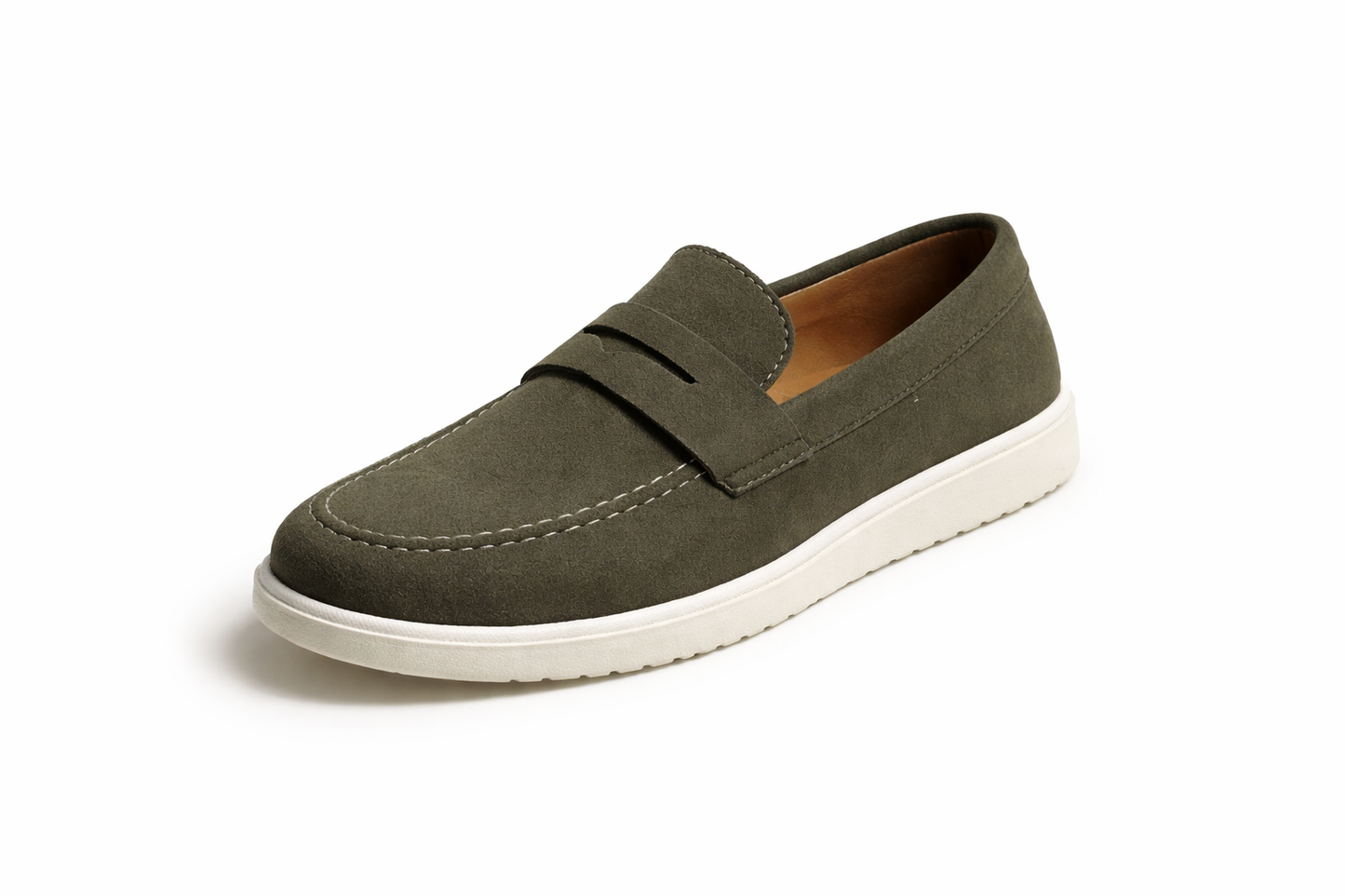 Men’s Olive Green Suede Penny Loafers – Slip-On Smart Casual Shoes with White Sole