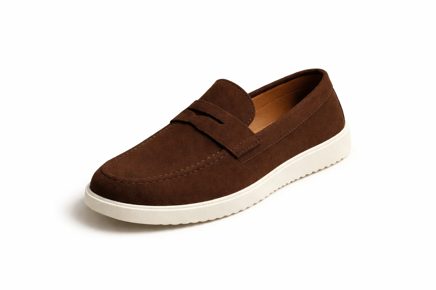 Men’s Brown Suede Penny Loafers – Slip-On Smart Casual Shoes with White Sole