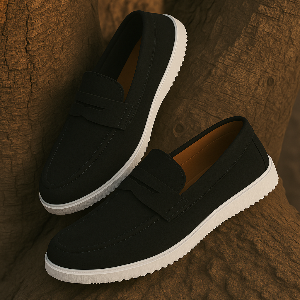 Men’s Black Suede Penny Loafers with White Sole – Classic Slip-On Dress & Casual Shoes