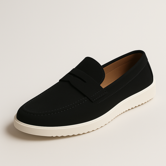 Men’s Black Suede Penny Loafers with White Sole – Classic Slip-On Dress & Casual Shoes