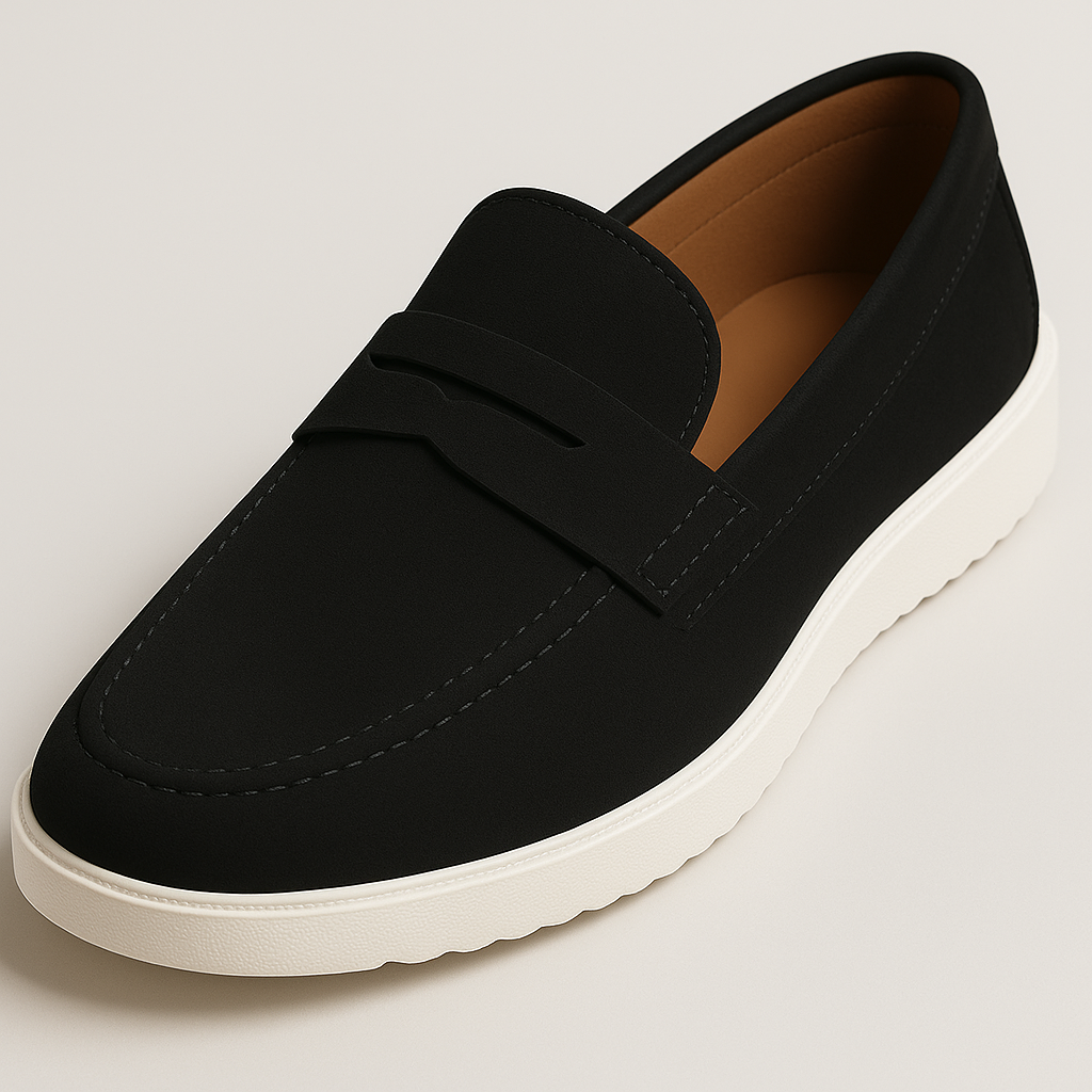 Men’s Black Suede Penny Loafers with White Sole – Classic Slip-On Dress & Casual Shoes