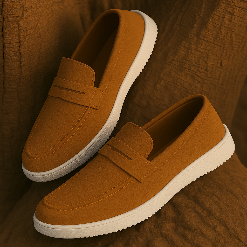 Men’s Mustard Suede Penny Loafers – Slip-On Smart Casual Shoes with White Sole