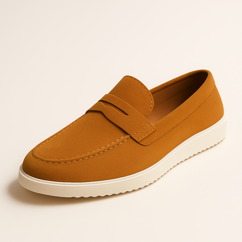 Men’s Mustard Suede Penny Loafers – Slip-On Smart Casual Shoes with White Sole