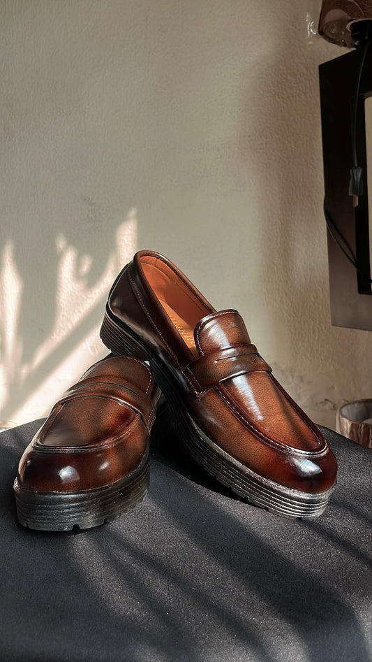 Men's Dark Brown Leather Penny Loafers – Chunky Sole Slip-On Shoes