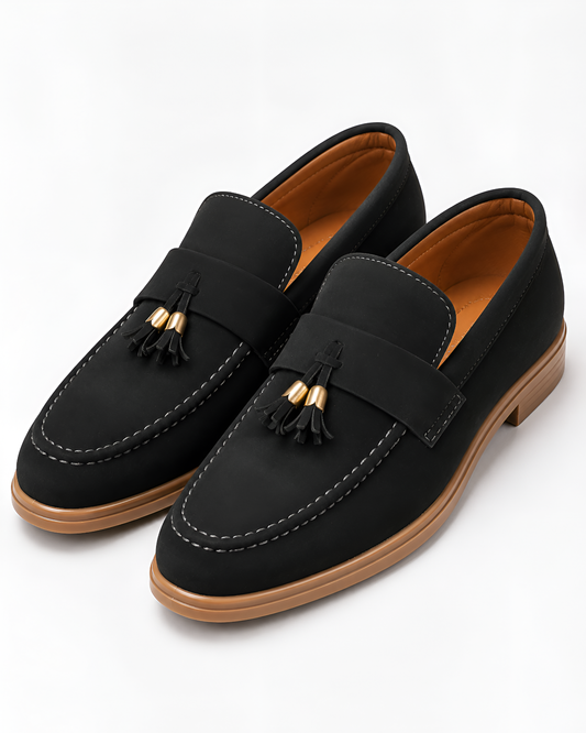 Men's Black Suede Tassel Loafers – Slip-On Dress Casual Shoes