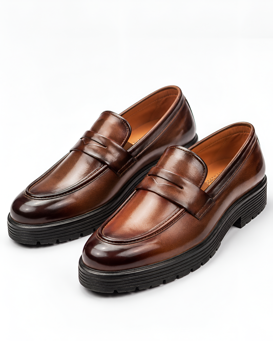Men's Dark Brown Leather Penny Loafers – Chunky Sole Slip-On Shoes
